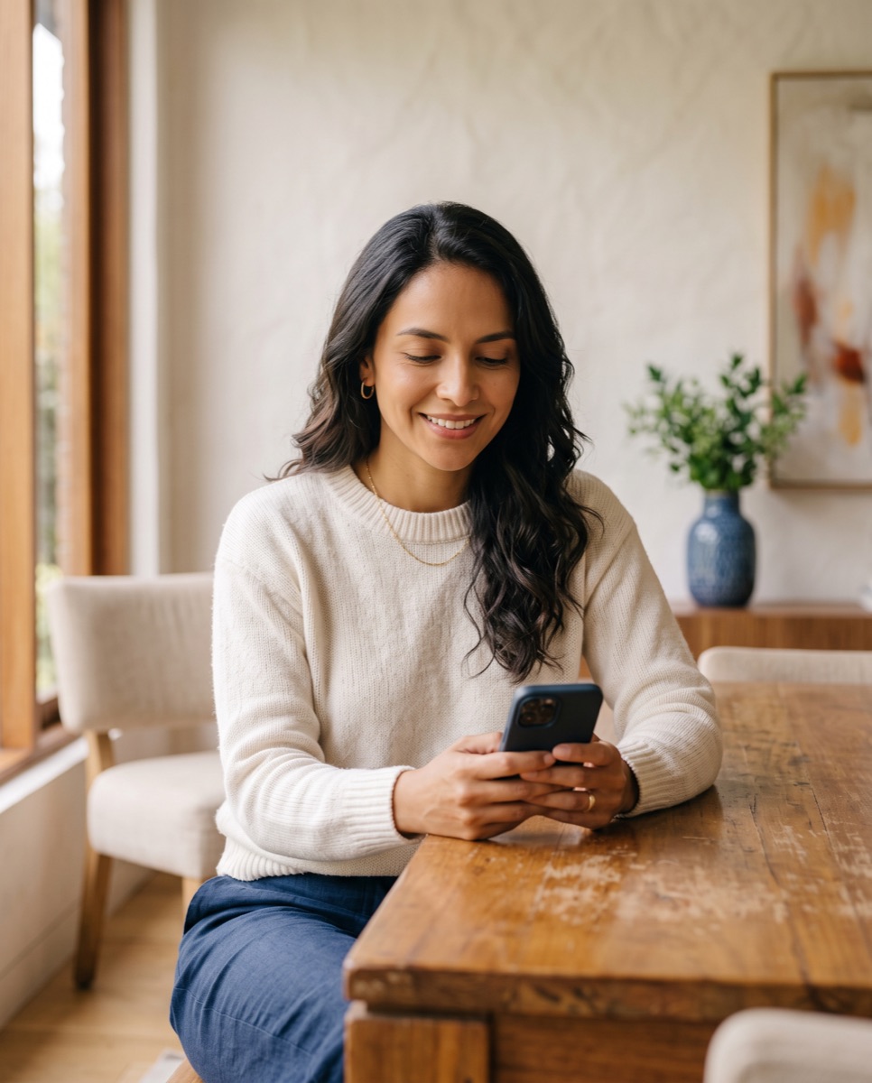 Cliente sonriendo mientras revisa su celular en casa